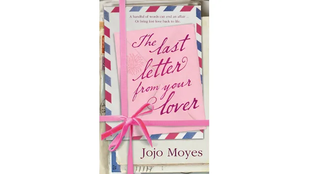 Cover of "The Last Letter from Your Lover" by Jojo Moyes, features pink ribbon-bound letters and envelopes.