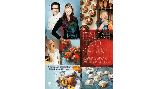 Italian Food Safari book cover featuring hosts, Italian cuisine, and text: "A delicious celebration of the Italian kitchen."