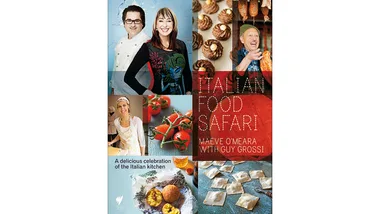Italian Food Safari book cover featuring hosts, Italian cuisine, and text: "A delicious celebration of the Italian kitchen."