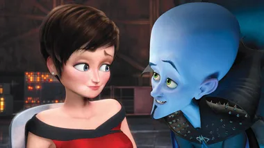 Megamind and Roxanne Ritchi sharing a moment, faces close, in a scene from the animated movie "Megamind".