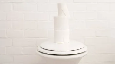 Three rolls of toilet paper stacked on a closed white toilet lid against a white brick wall background.