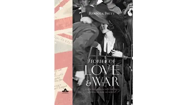 Cover of "Stories of Love & War" by Rebecca Britt, featuring a historical black and white photo of a couple embracing.