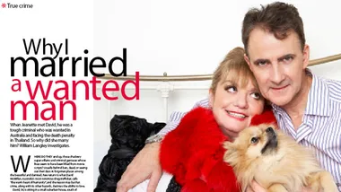 Couple embracing with a dog, accompanied by headline "Why I Married a Wanted Man".
