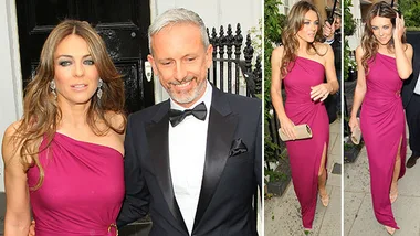 Liz Hurley wows in wine-coloured frock