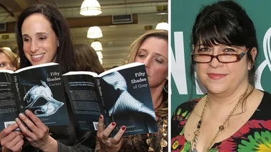 Fans reading the erotic novels (left) and the author EL James.