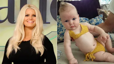 Blonde woman smiling on TV set and a baby wearing a yellow crochet bikini lying on a sofa.