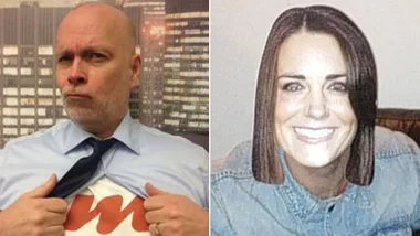 Man posing humorously as a superhero with a "W" on his shirt, next to a woman wearing a paper mask with a smiling face.