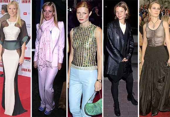 Gwyneth Paltrow in various outfits: glam red carpet dress, pink suit, beaded top, leather coat, and sheer black gown.