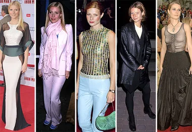 Gwyneth Paltrow in various outfits: glam red carpet dress, pink suit, beaded top, leather coat, and sheer black gown.