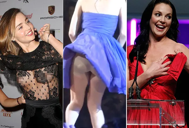 Triple wardrobe malfunction involving celebrities on stage and red carpet.