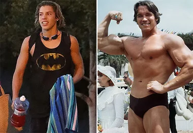 Two images side by side: Left, young man with a towel and bottle; Right, bodybuilder flexing in a public setting.