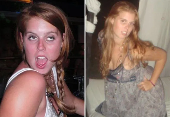 Party scene with a woman making playful expressions and posing in a casual dress.
