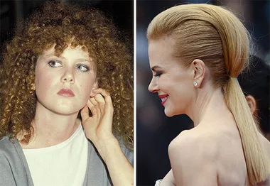 Nicole Kidman with voluminous curls on the left and a sleek, elegant updo on the right, showcasing hairstyle transformation.