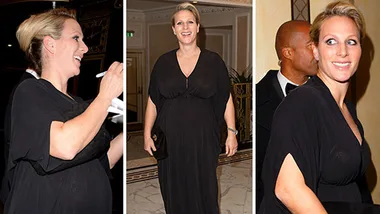 Zara Phillips in a black dress, smiling and showing a visible baby bump at an event.