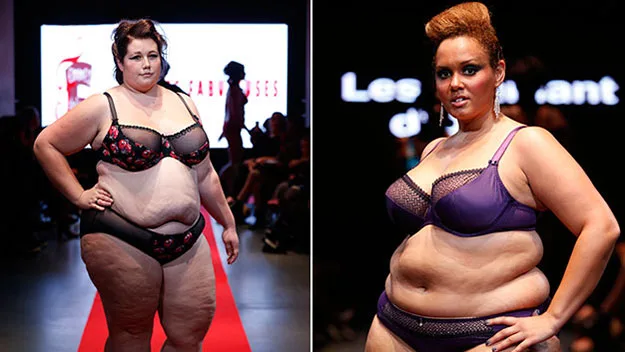 "Two models in lingerie on the catwalk at Plus Size Fashion Week in Paris."