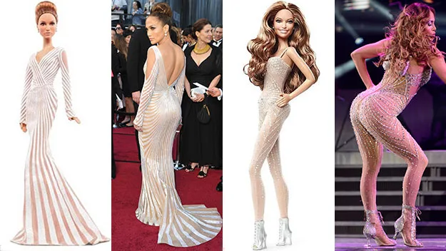 Barbie and a celebrity in similar glamorous dresses; Barbie mimics the celebrity's iconic style.