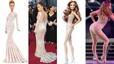 Barbie and a celebrity in similar glamorous dresses; Barbie mimics the celebrity's iconic style.