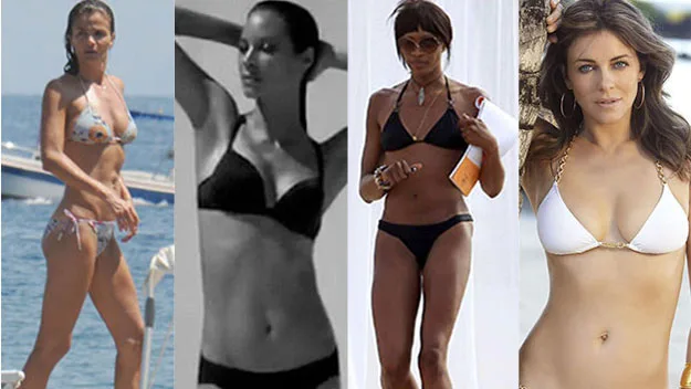 Four women in bikinis standing in various poses on a beach and by the pool, showcasing diverse swimwear styles.