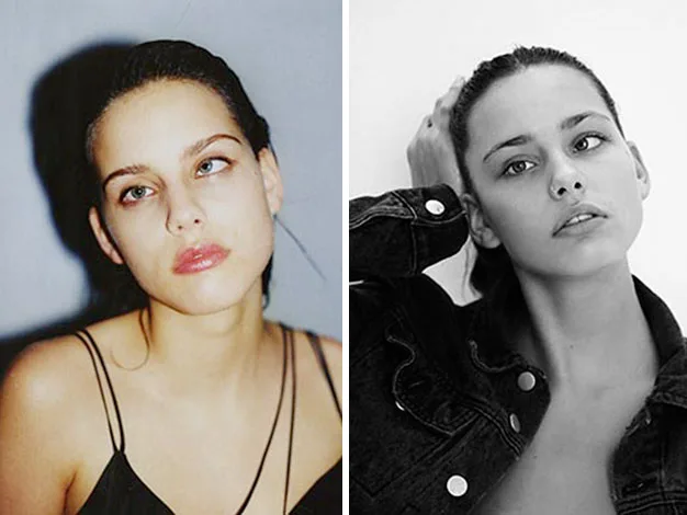Two portraits of a woman with dark hair; left in a black top, right in a denim jacket, both gazing thoughtfully.