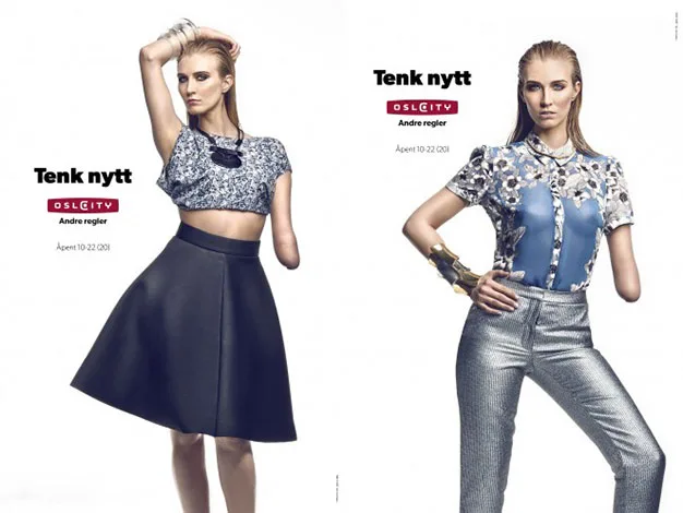 Model posing in two fashion outfits with "Tenk nytt" and Oslo City text. One in a crop top, skirt; the other in a blouse, pants.