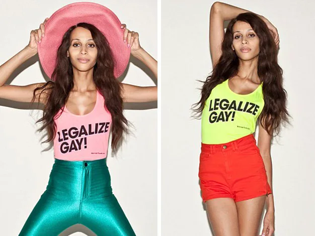 Individual in colorful outfits with "Legalize Gay!" tops, poses confidently.