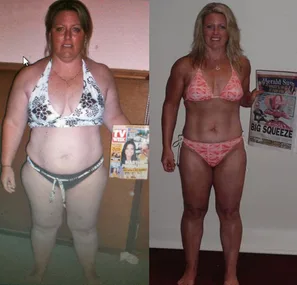 Before and after photos showing a woman in a bikini demonstrating a significant weight loss transformation.