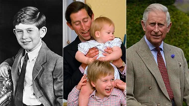 Prince Charles in three stages: childhood portrait, young father with sons, and older in suit with a smile.