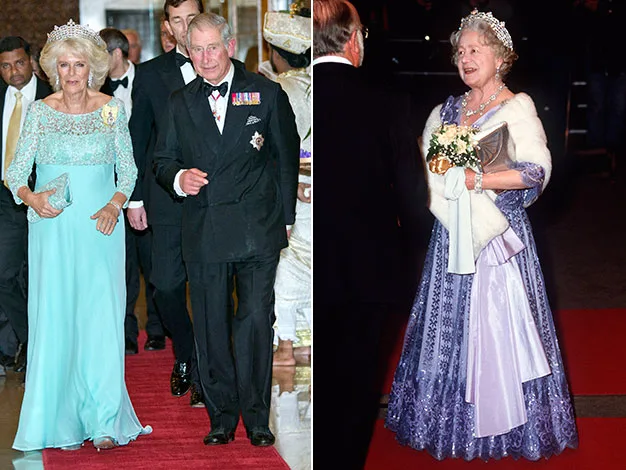 Royalty on red carpet; couple in formal attire, woman in blue gown, man in suit. Another woman in purple gown with tiara.