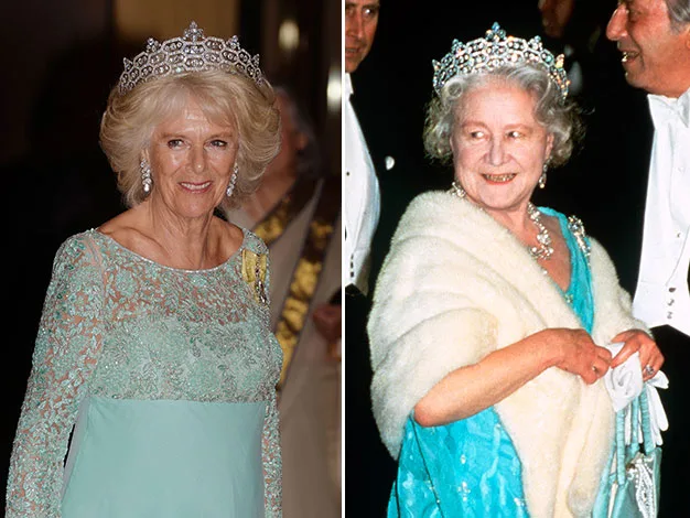 Camilla and the Queen Mother wearing the same tiara, both dressed elegantly.