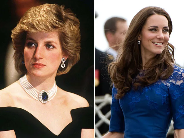 Two women side by side, one in a black dress with jewelry, the other in a blue lace dress, both looking in different directions.