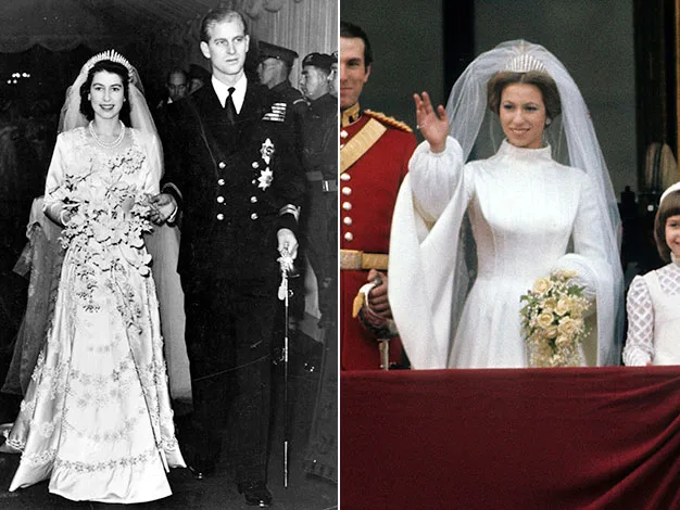 Left: Bride in ornate gown with groom in military uniform. Right: Woman in white dress waves beside others on balcony.