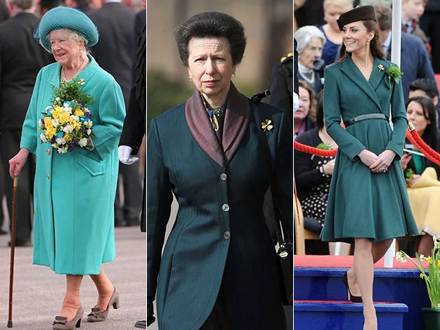 Three women in green attire, each holding a floral accessory. Two wear hats, and one has a brooch in a formal setting.