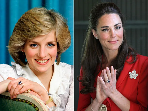 Two women posing separately, each wearing similar blue sapphire rings, smiling at the camera.