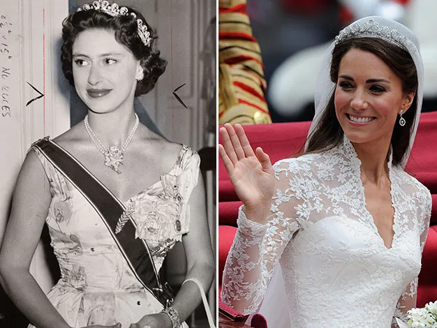 Two women in formal attire: one in a tiara and floral dress, the other in a wedding gown waving.