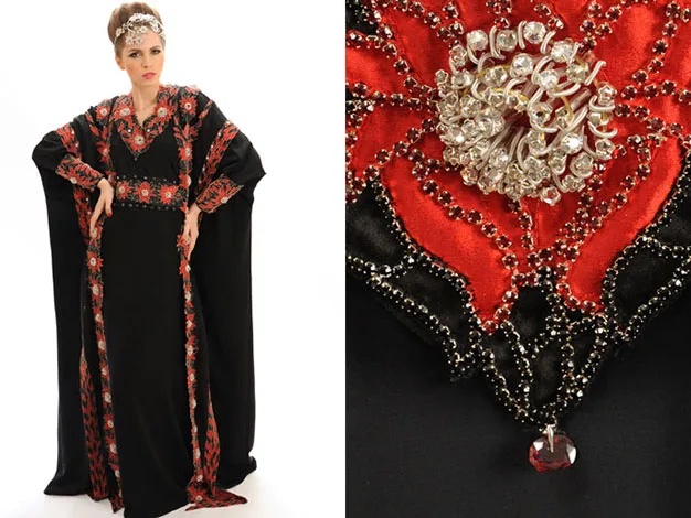 Elegant woman in black gown with intricate red and silver bead embroidery, paired with matching jewel headpiece.