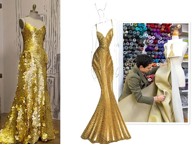 Golden gown on mannequin, design sketch, and a person working on fabric with colorful spools in the background.