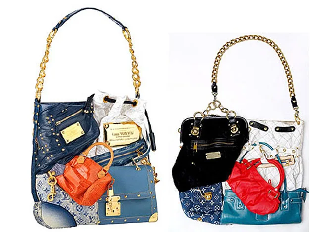 Two bags with multiple mini bag designs, gold chains, and various colors including blue, red, and orange.