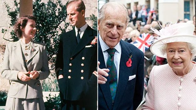 Two photos of a couple: on the left, in formal attire from earlier years; on the right, in modern-day formal wear.