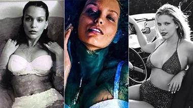 Model in various swimwear and poses, including a bathtub, pool, and on a car, featured in a fashion article.