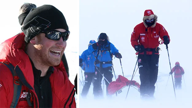 Participants in red expedition gear trek through snowy terrain, pulling sleds; one person smiling in close-up.