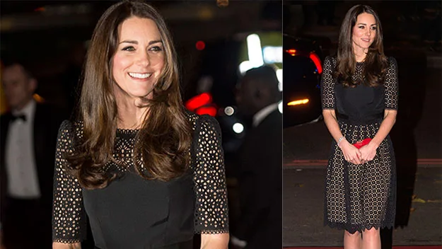 Kate Middleton in a stylish black dress with lace sleeves attending a glamorous evening event.