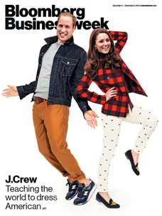 Two people in casual attire on Bloomberg Businessweek cover, styled in J.Crew clothing, smiling and posing playfully.