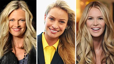 Three smiling women with long hair, each in a separate portrait, dressed in formal and casual attire.