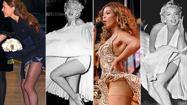 A split image featuring women in iconic fashion moments, including windblown skirts similar to Marilyn Monroe's famous pose.