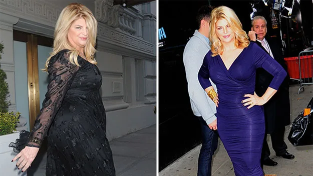 "Side-by-side images of a woman before and after weight loss, wearing black and blue dresses respectively."