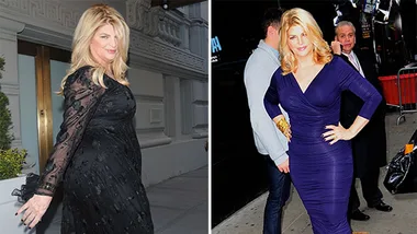 "Side-by-side images of a woman before and after weight loss, wearing black and blue dresses respectively."
