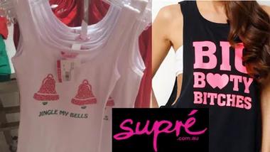 T-shirts with provocative phrases and Supré logo, "Jingle My Bells" with bells, and "Big Booty Bitches" with a heart.