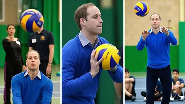 Prince William playing volleyball indoors, wearing a blue sweater, captured in three action shots.