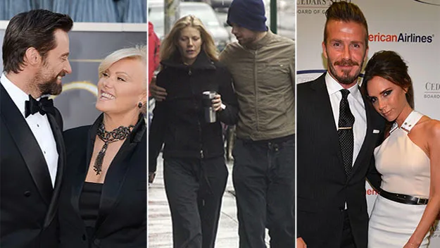 Couples from "Happy in Hollywood: Celebrity Couples That Last," showing joyful moments at events and casual outings.