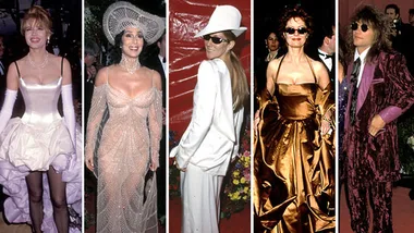 Celebrities in 90s fashion, featuring bold and eclectic outfits, including a satin dress, sequined gown, and white suit.